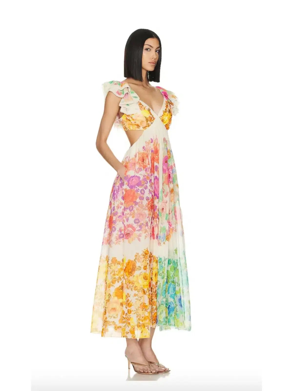 Zimmermann Raie Frill Shoulder Midi Dress Multi Floral Size 1/AU 10 photo 2