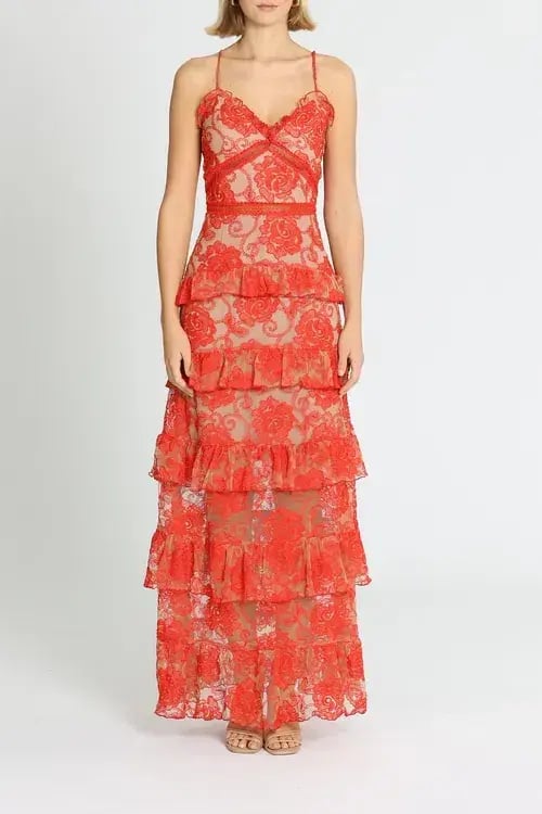 Nicholas Rosie Lace Tiered Gown Red Size 10 photo 2