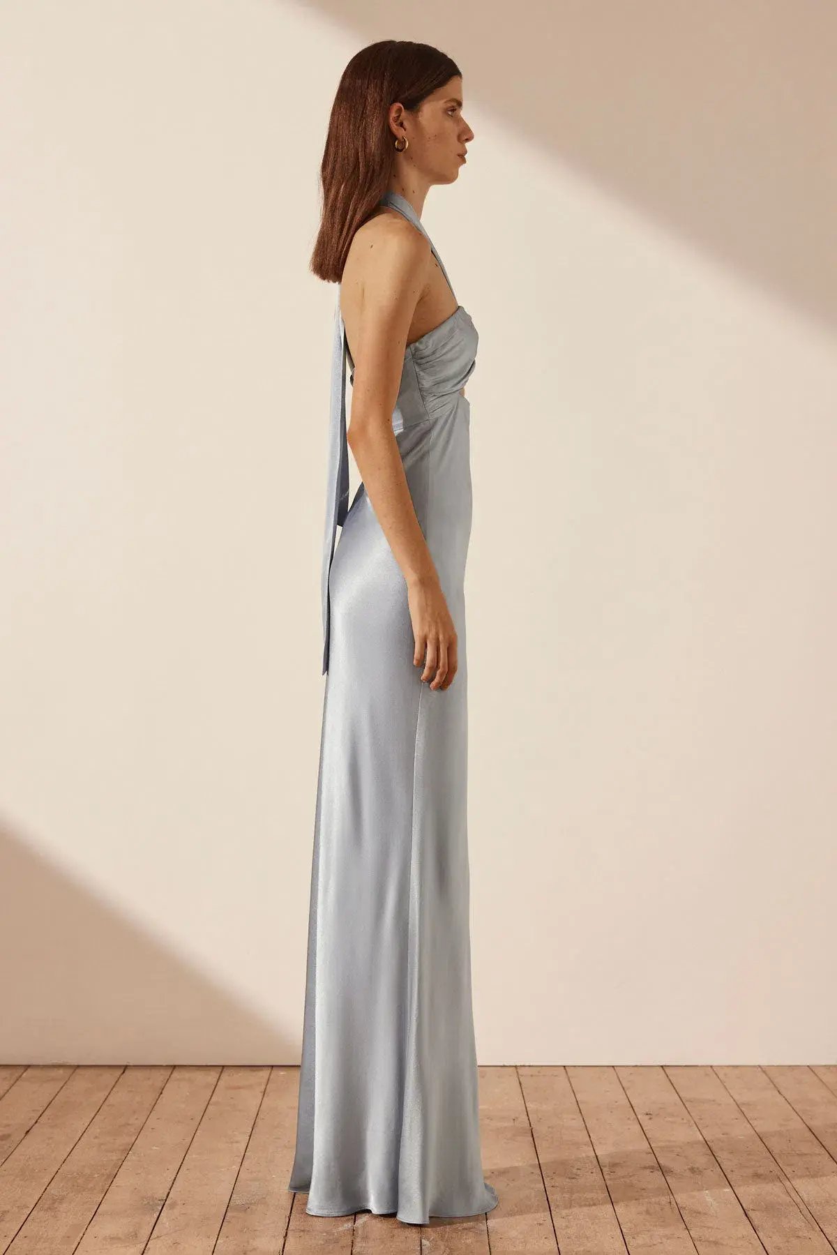 Shona Joy La Lune Ruched Halter Maxi Dress Powder Blue Size AU 8 photo 2