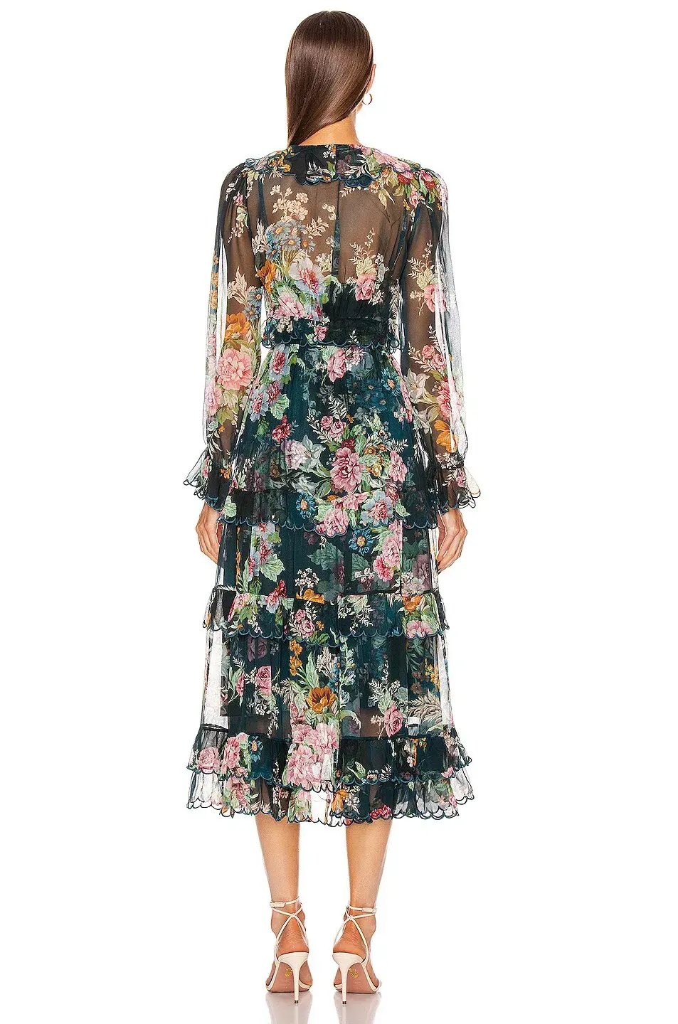 Zimmermann Wavelength Scallop Tiered Silk Chiffon Midi Dress Floral Print Size 0P / AU 6 photo 2
