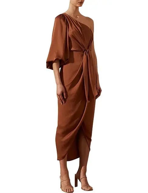 Shona Joy Luxe Tie Front One Shoulder Cocktail Dress Mocha Size 10 photo 2