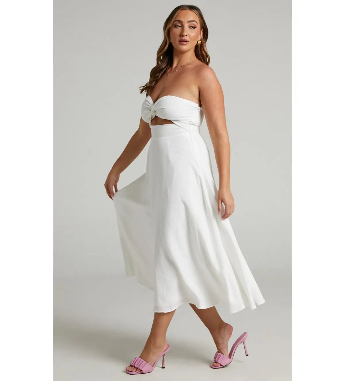 Avie Midi Dress Twist Strapless Cocktail Dress in Off-White Size 12 photo 3