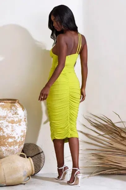 Club L London Midsummer Asymmetric Neck Ruched Midi Dress Lime Green Size 10 photo 3