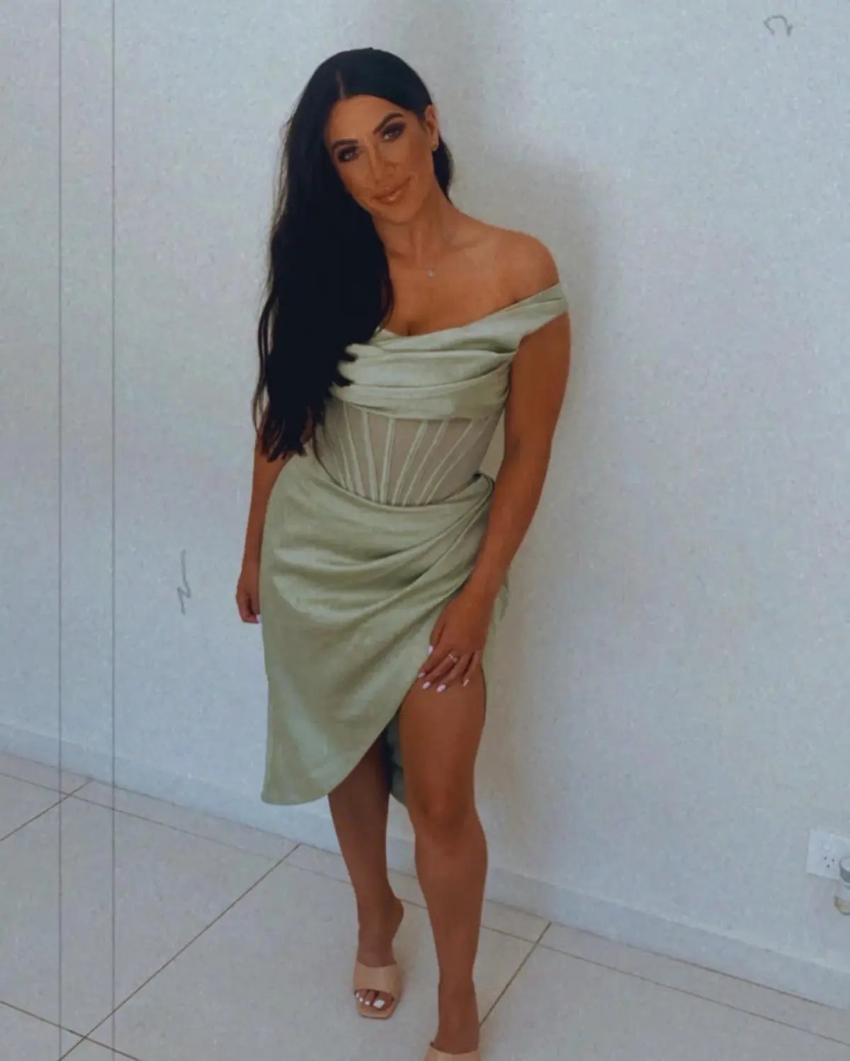 House of CB Lulu Asymmetric Drape Corset Midi Dress Green Size 8 photo 6