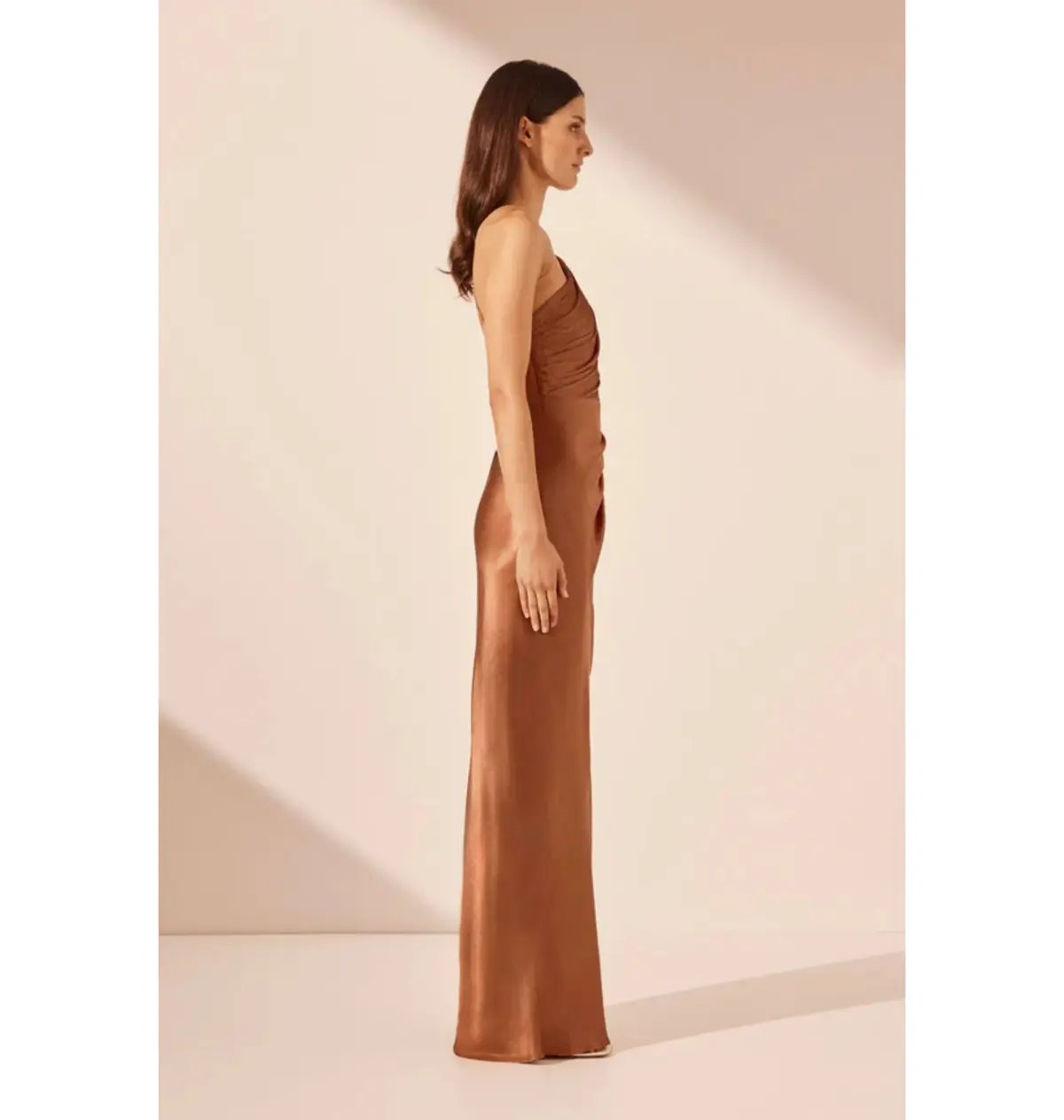 Shona Joy La Lune Asymmetrical Gathered Maxi Dress Almond Size AU 10 photo 4