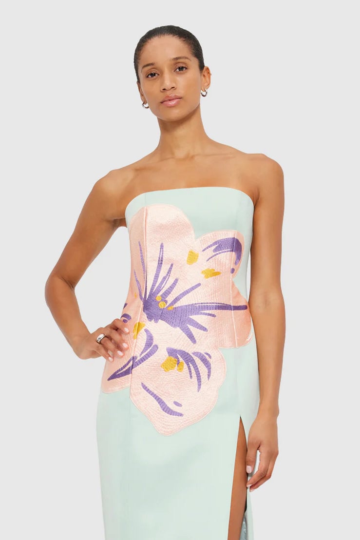 Leo Lin Clémence Embroidered Split Maxi Dress - Hibiscus in Pistachio photo 2