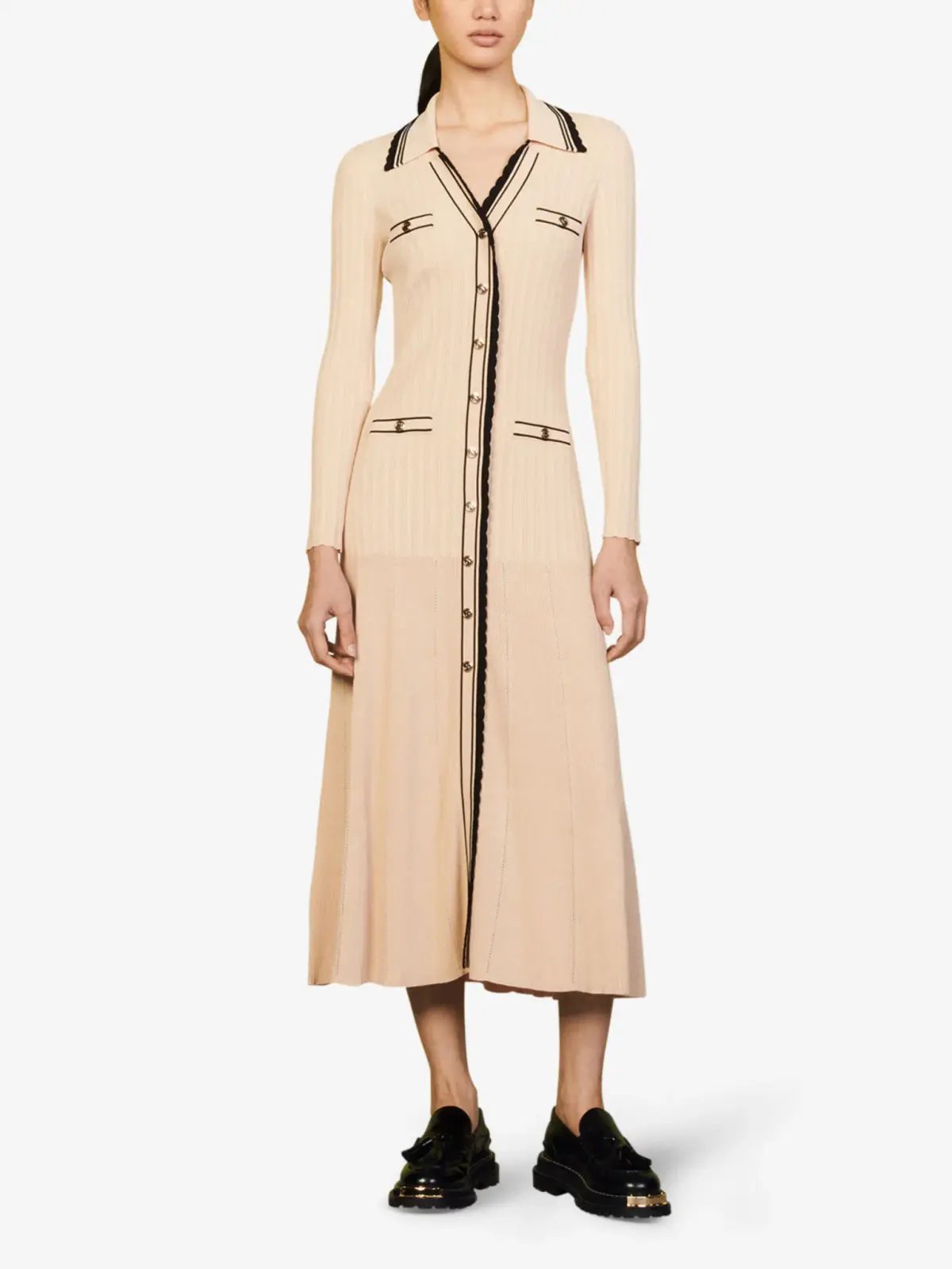 Sandro Alexandrine Ribbed Knit Midi Dress Beige Size 6 AU photo 6