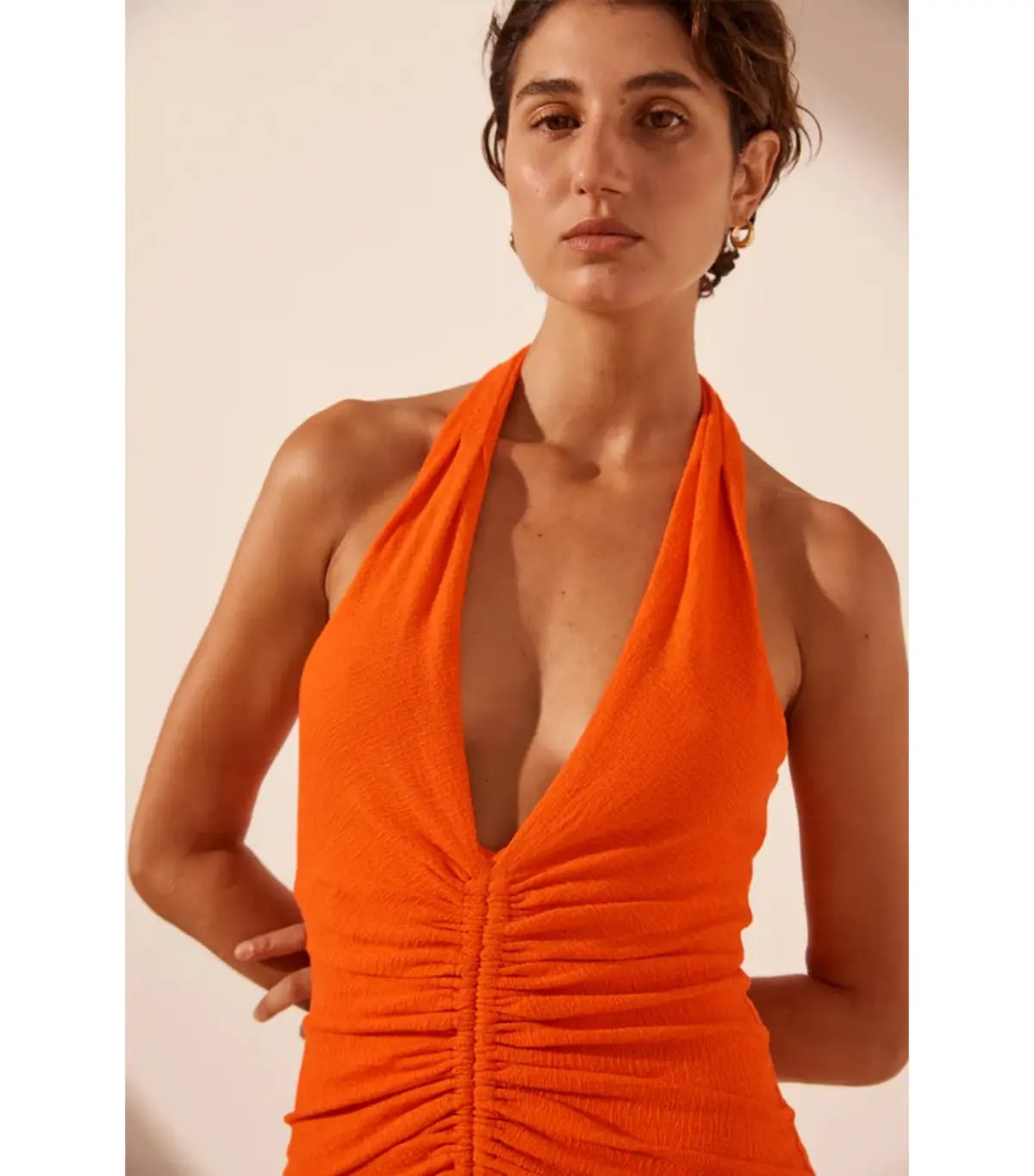 Shona Joy Beau Halter Ruched Midi Dress Hibiscus Size AU 8 photo 2