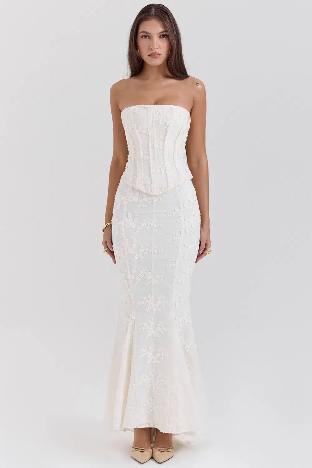 House of CB Dakota Embroidered Strapless Corset and Veronica Embroidered Godet Maxi Skirt Set Vintage Ivory Size M / AU 10 photo 2