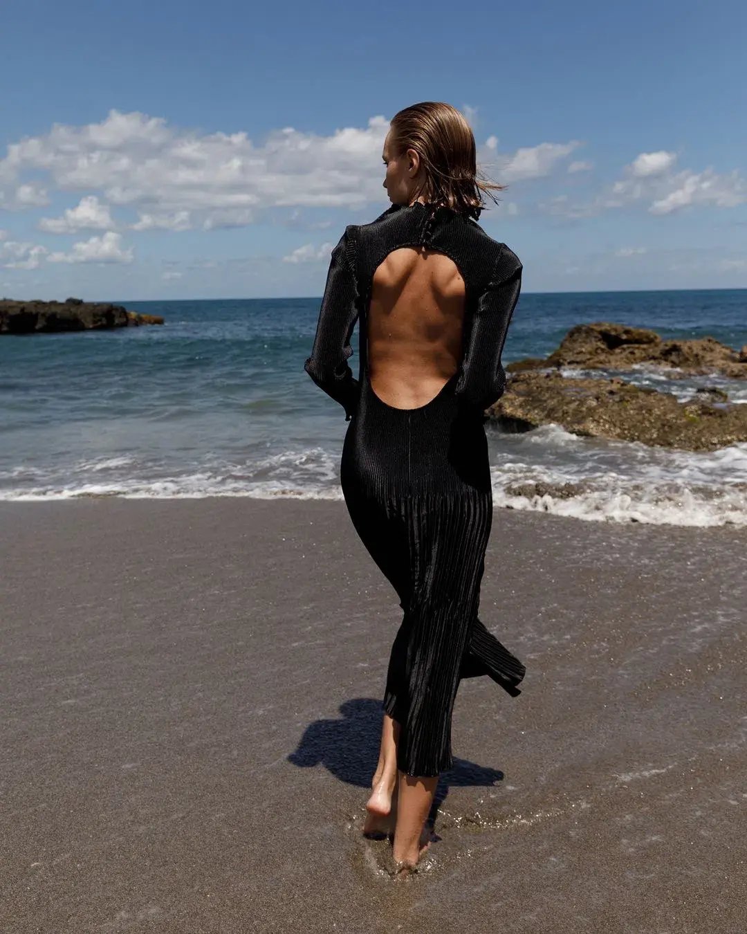 L’Idee Soirée Pleated Backless Long Sleeve Dress Black Size 8 photo 4