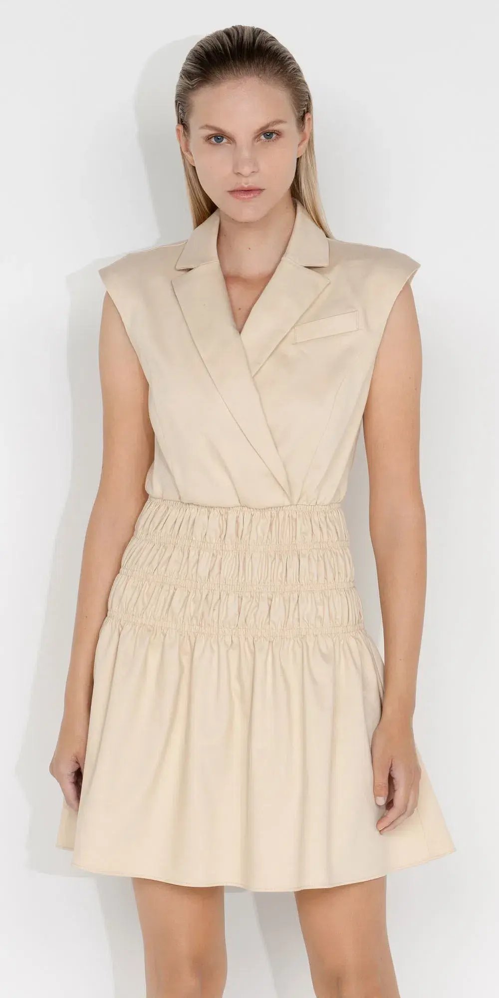 Cue Cotton Shirred Blazer Dress Beige Size 10 photo 2
