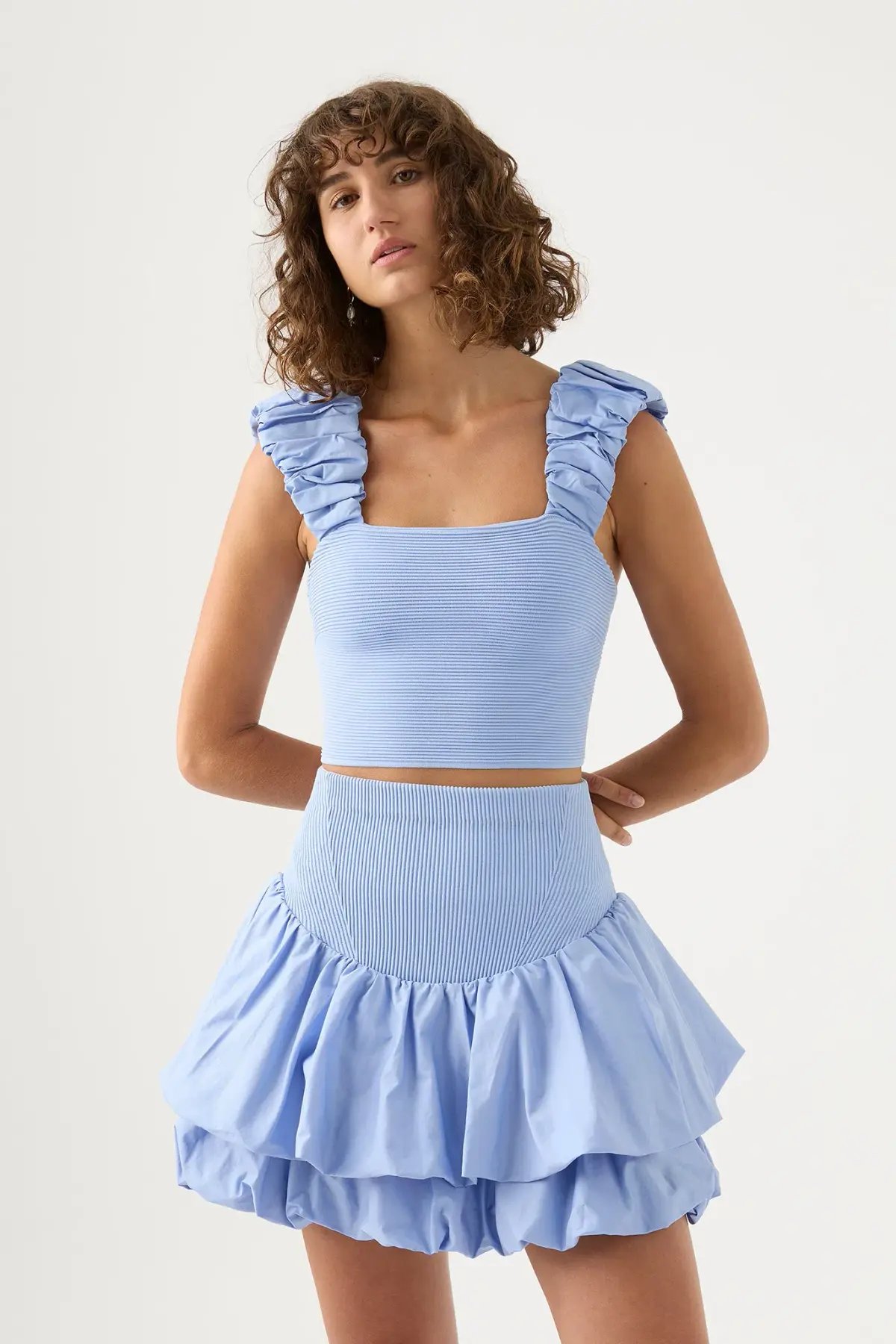 Aje Allard Ruched Strap Knit Top And Turner Bubble Skirt Set Sky Blue Set Size 6 photo 2