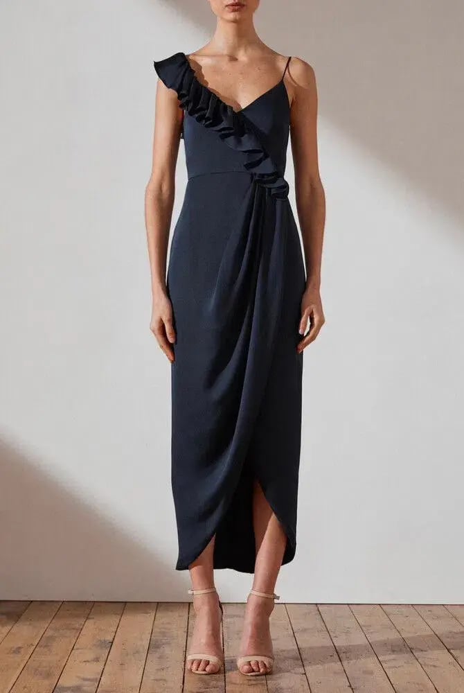 Shona Joy Asymmetrical Frill Draped Dress in Sapphire Size 6 photo 2