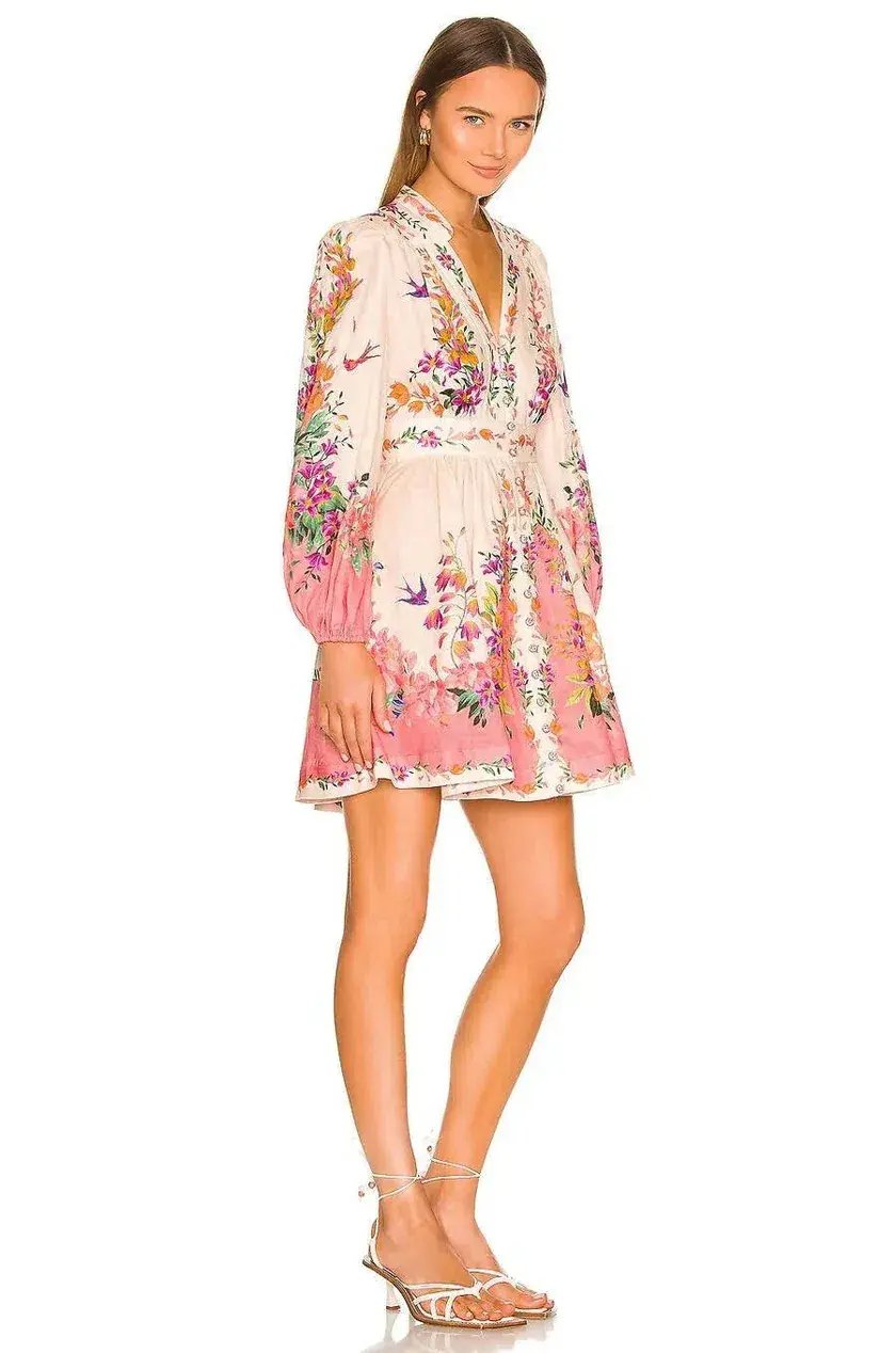 Zimmermann Tropicana Plunge Mini Dress Cream Floral Size 3 / AU 14 photo 2