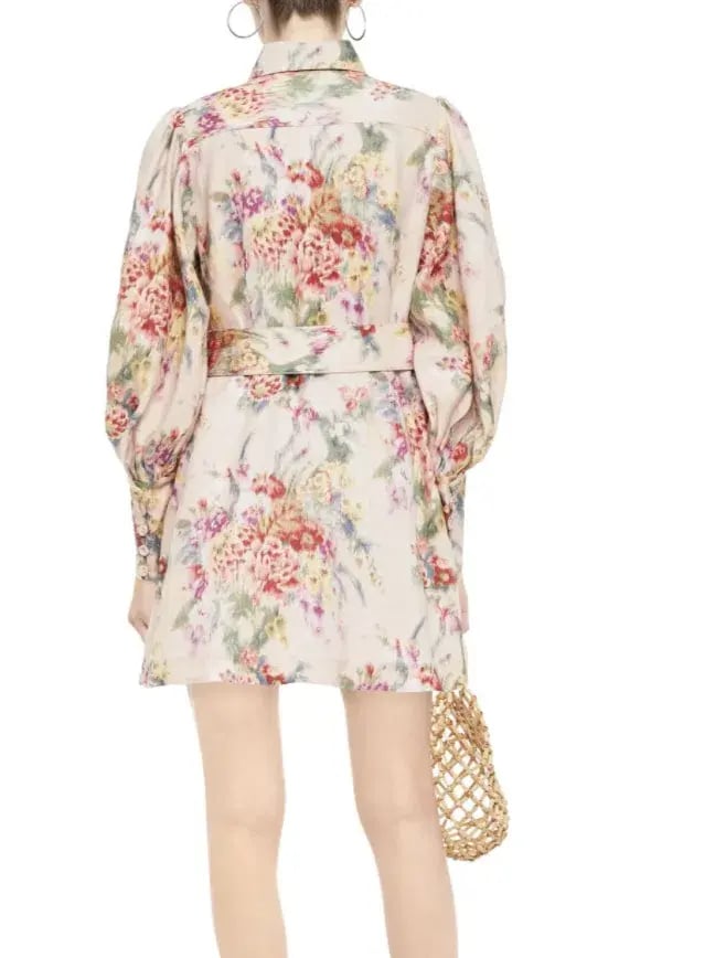 Zimmermann Wavelength Belted Linen Mini Dress Floral Size 6 photo 2