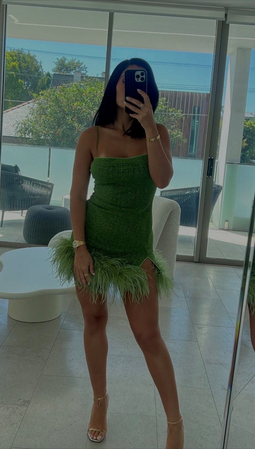 Oseree Feather-trim Mini Dress - Green photo 2