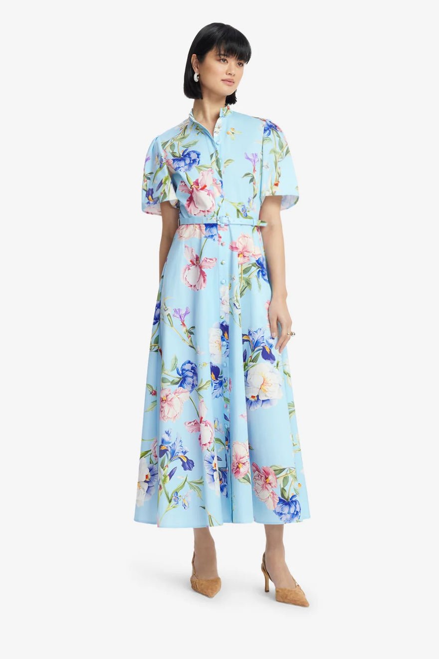 Leo Lin Bianca Short Sleeve Midi Dress - Garden Print in Baby Blue photo 3