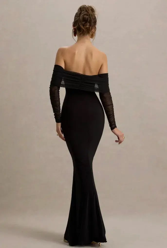 Club L London Madeleine Black Fishtail Maxi Dress With Bardot Mesh Black Size 6 photo 2