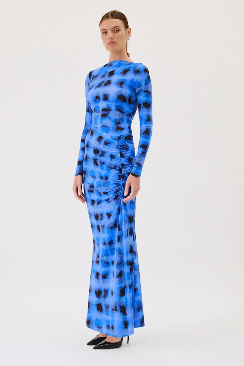 SUBOO SHIBORI LONG SLEEVE ROUCHED DRESS - BLUE PRINT photo 2