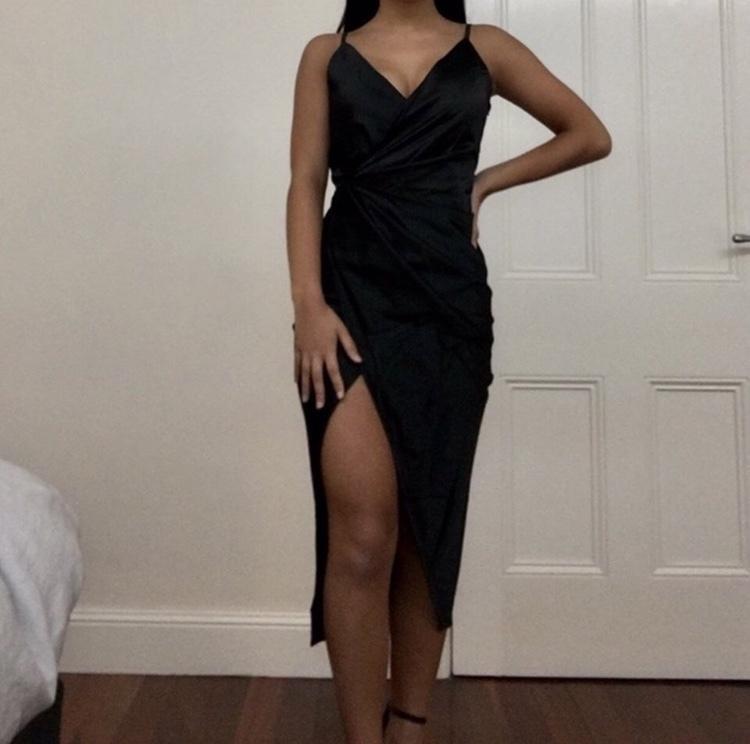 Sasha Satin Wrap Dress in Black- Meshki photo 3