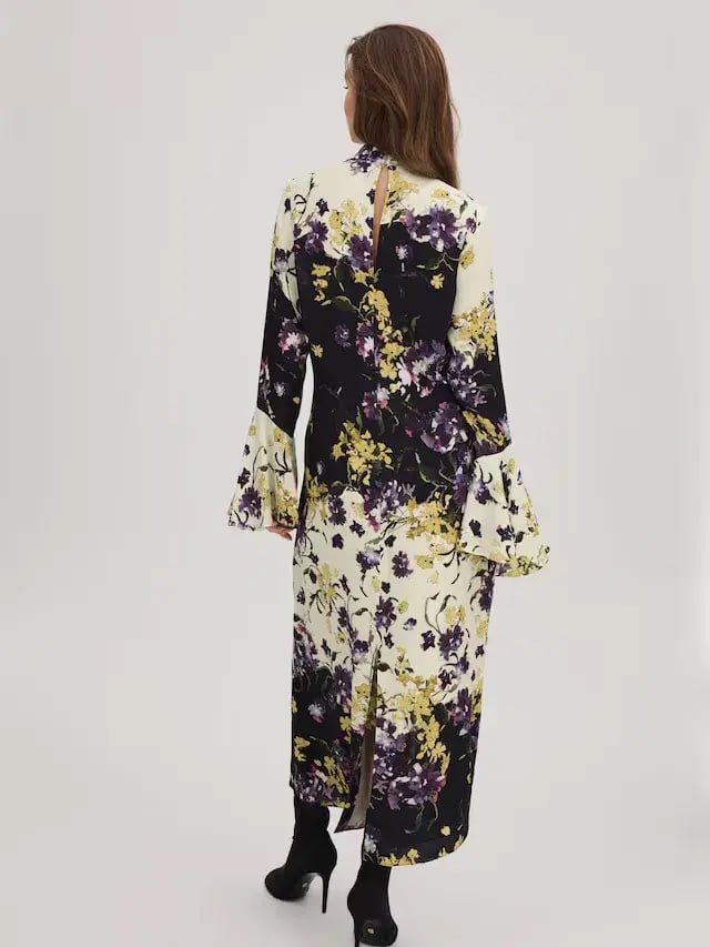 Florere Printed Fluted Cuff Midi Dress in Multi Size 10 photo 2