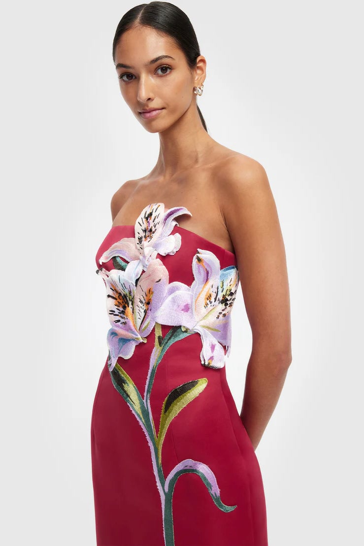 Leo Lin Rayna Appliqué Floral Maxi Dress - Lily Print in Oxblood photo 4