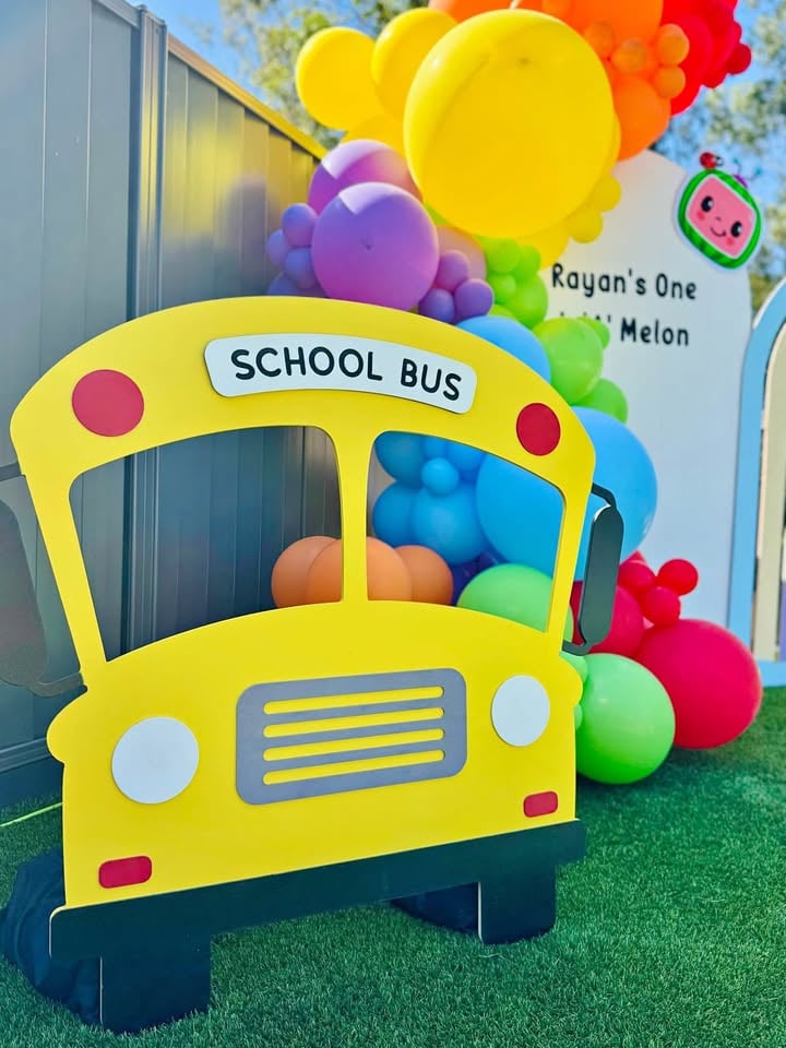 School bus Photo Booth prop & Cocomelon cutouts hire photo 3