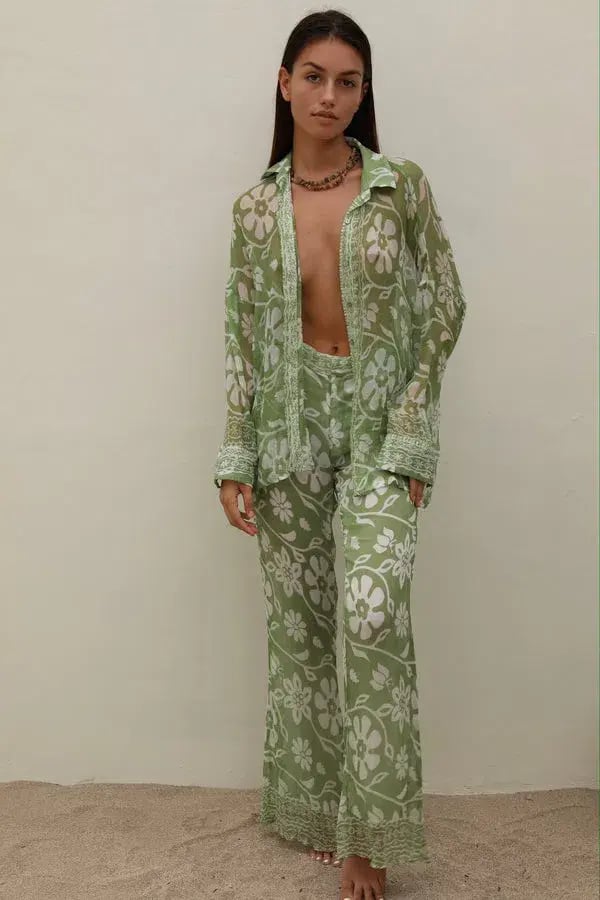 Ranaco Atelier Set: The Flared Pant Moss Green Size S/ AU 8 AND Ranaco Atelier Front Tie Blouse photo 2