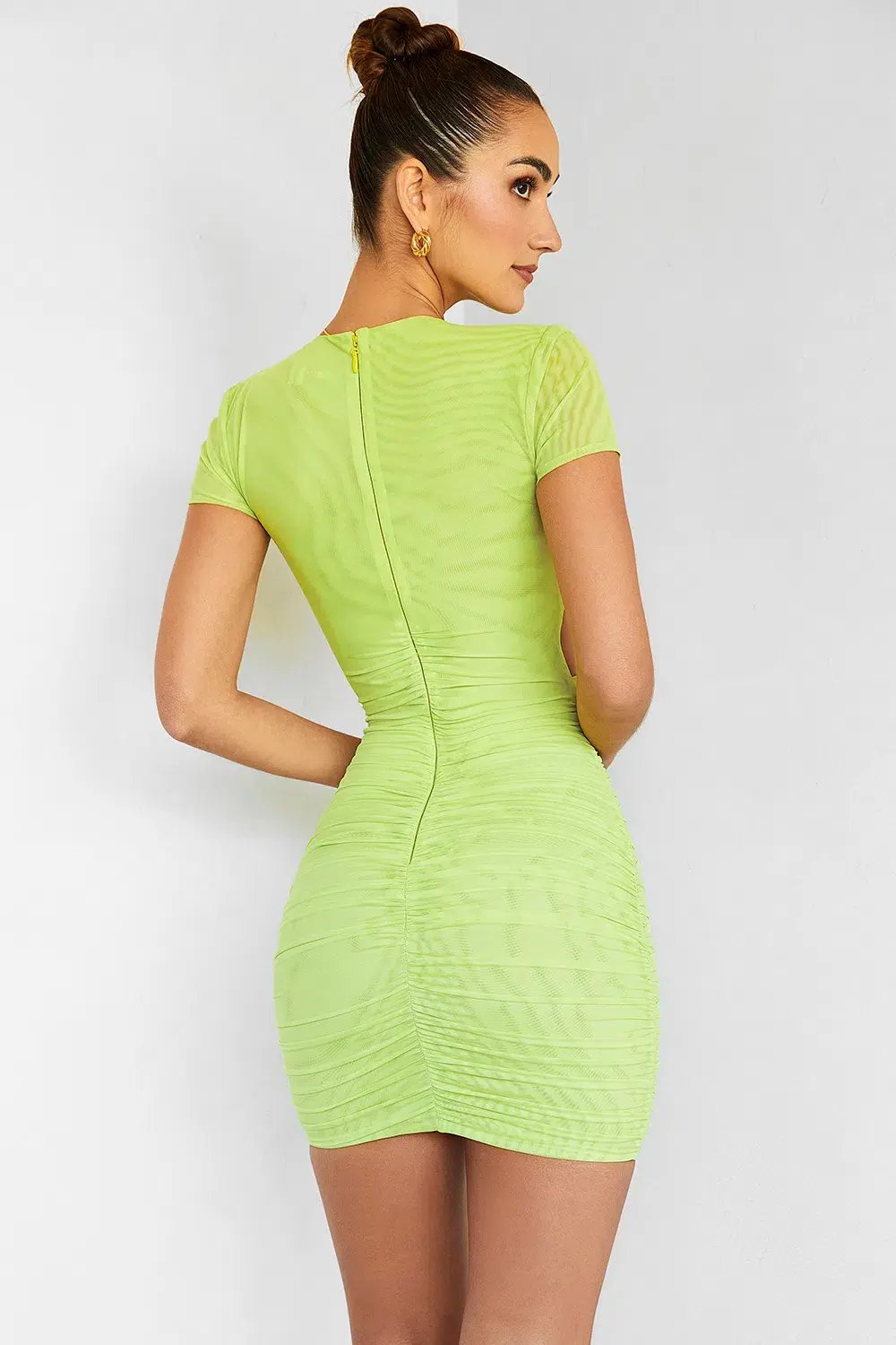 House Of CB Gathered Mesh Cutout Mini Dress Lime Size 10 photo 4