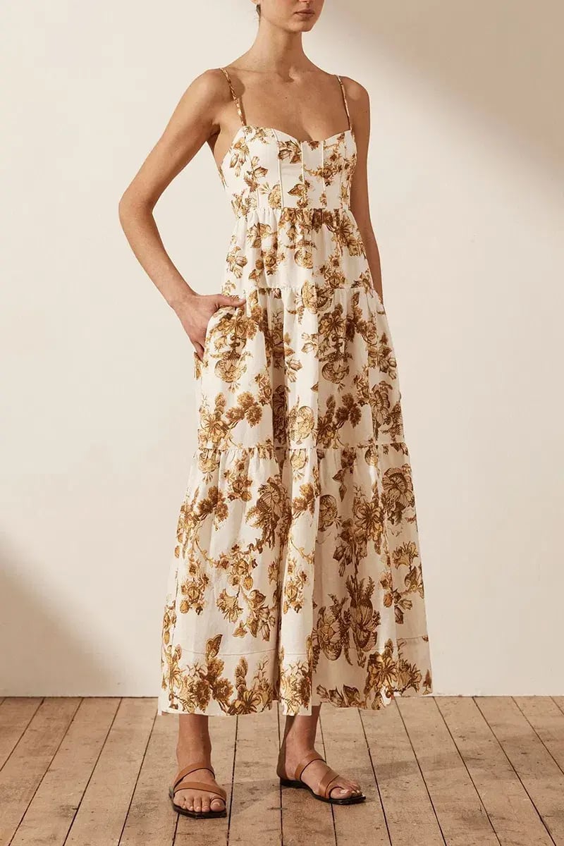 Shona Joy Bella Linen Corded Tiered Midi Dress Print Size 10 photo 3