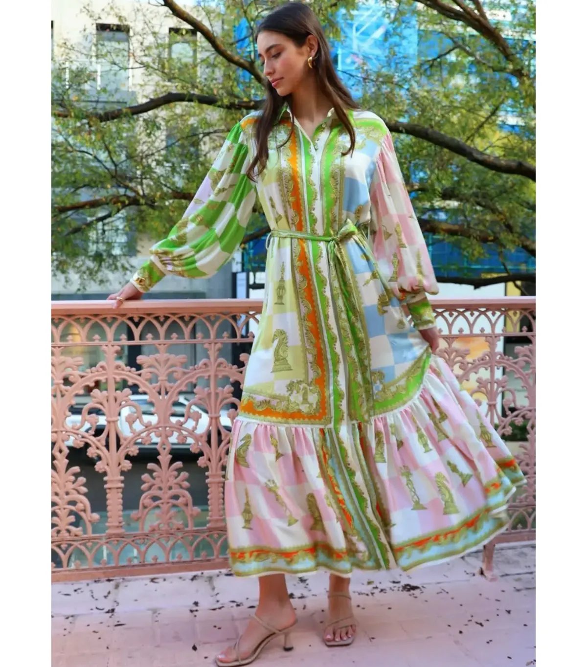 Alemais Checkmate Silk Midi Shirtdress Multi Print Size AU 14 photo 3