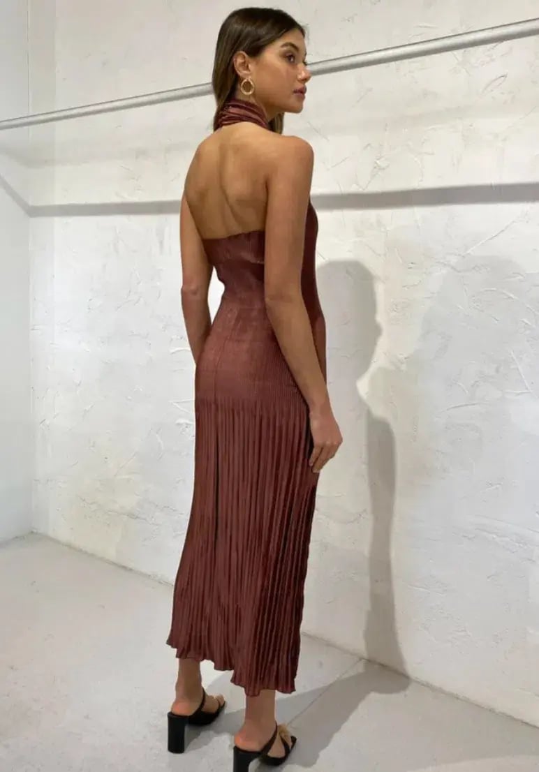 L'Idee Soiree Pleated Halter Dress in Chocolate Size 10 photo 8