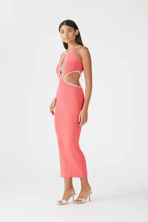 San Sloane Adrian Rib Midi Dress Coral-White Size 6 photo 3
