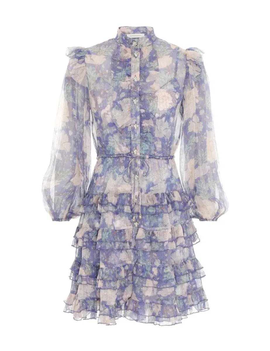 Zimmermann Cosmic Mini Scallop Dress Mist Floral Blue Size 2 / AU 12 photo 5