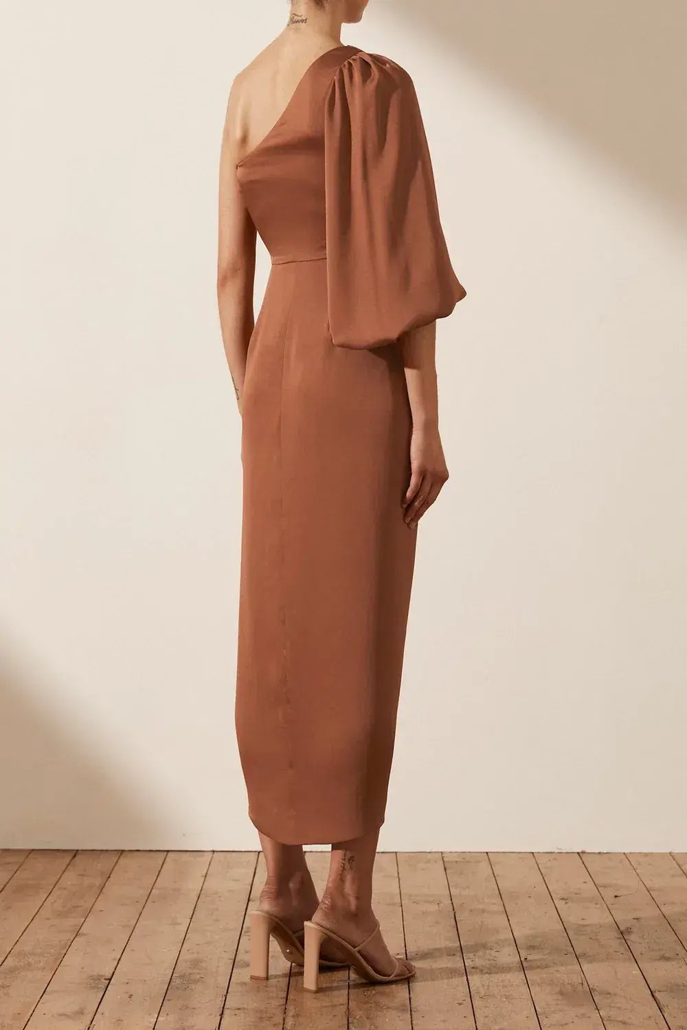 Shona Joy Luxe Tie Front One Shoulder Dress In Mocha Size 10 photo 2