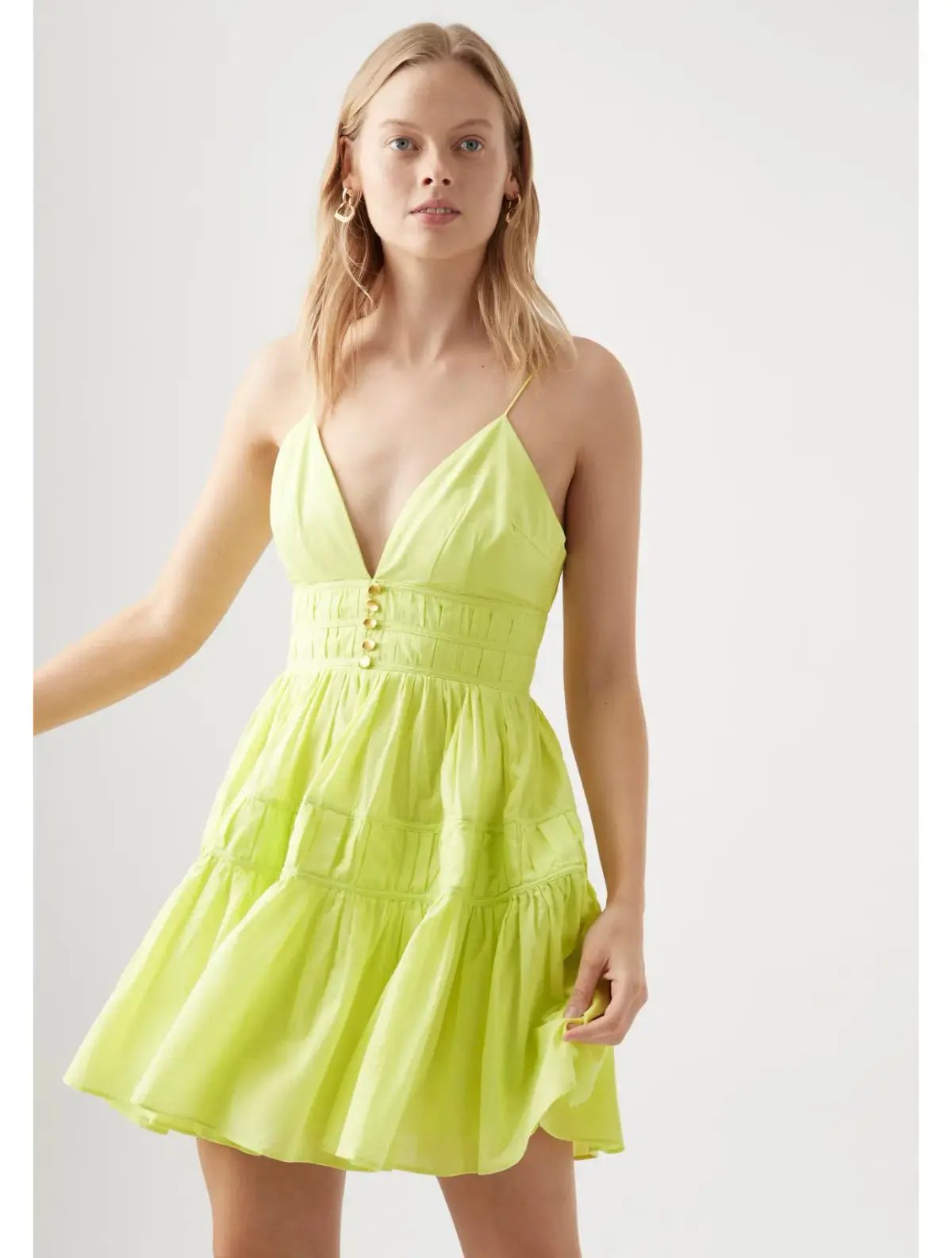Aje Grace Tiered Mini Dress Light Lemon Green Size 6 photo 3
