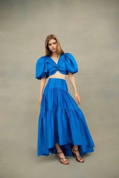 Aje Reverb Set Puff Sleeve Crop Top and Gathered Midi Skirt Set Blue Size 8 photo 5