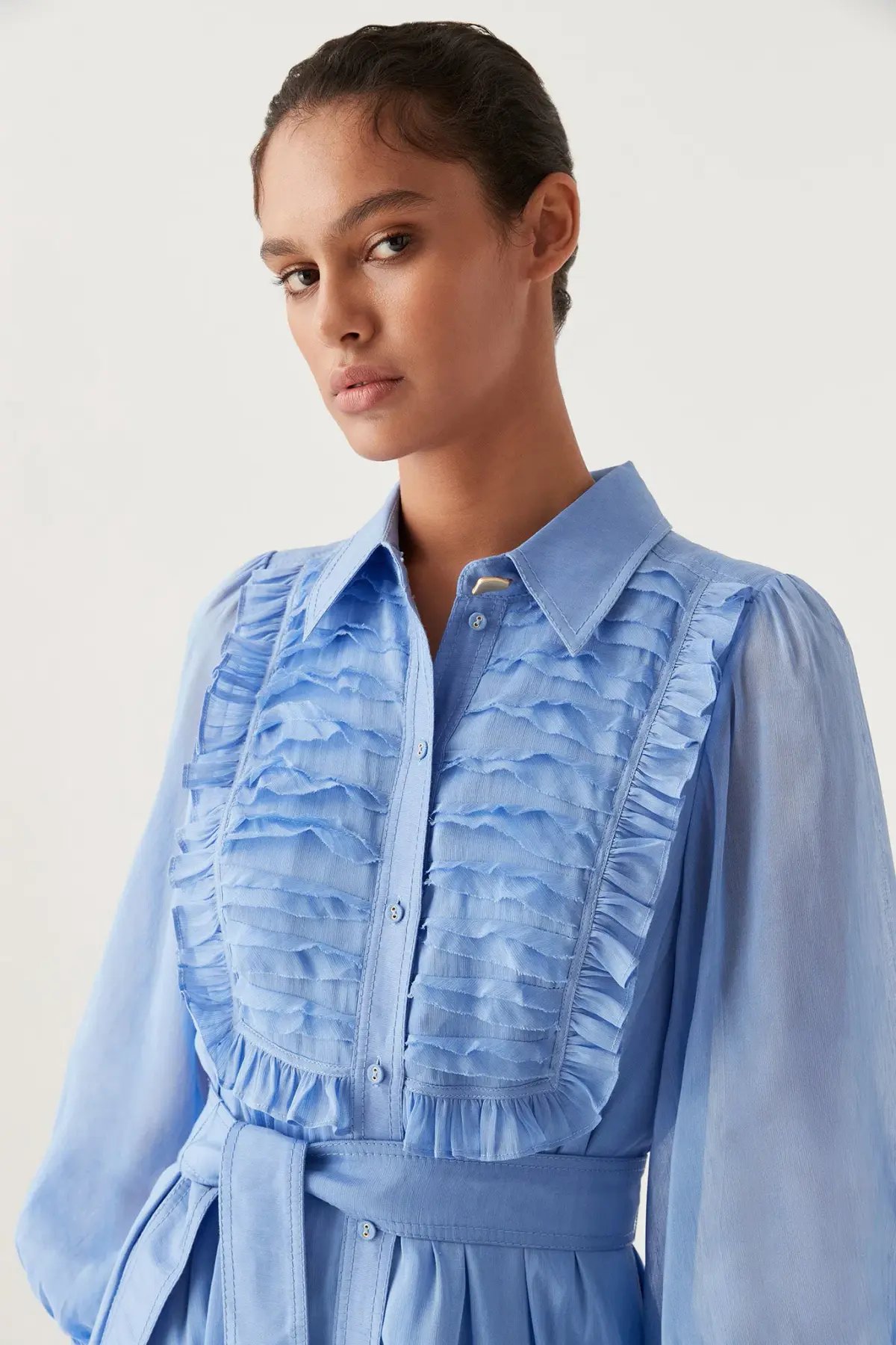 Aje Iris Pleated Bib Midi Dress in Mist Blue Size 16 photo 2