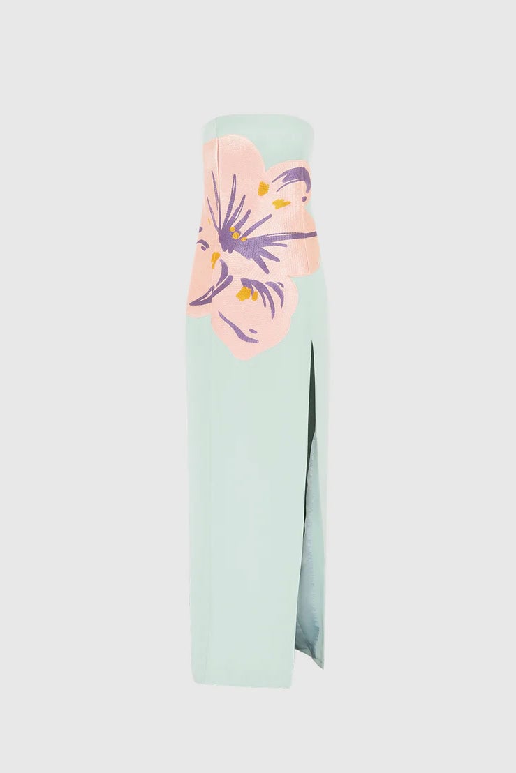 Leo Lin Clémence Embroidered Split Maxi Dress - Hibiscus in Pistachio photo 4