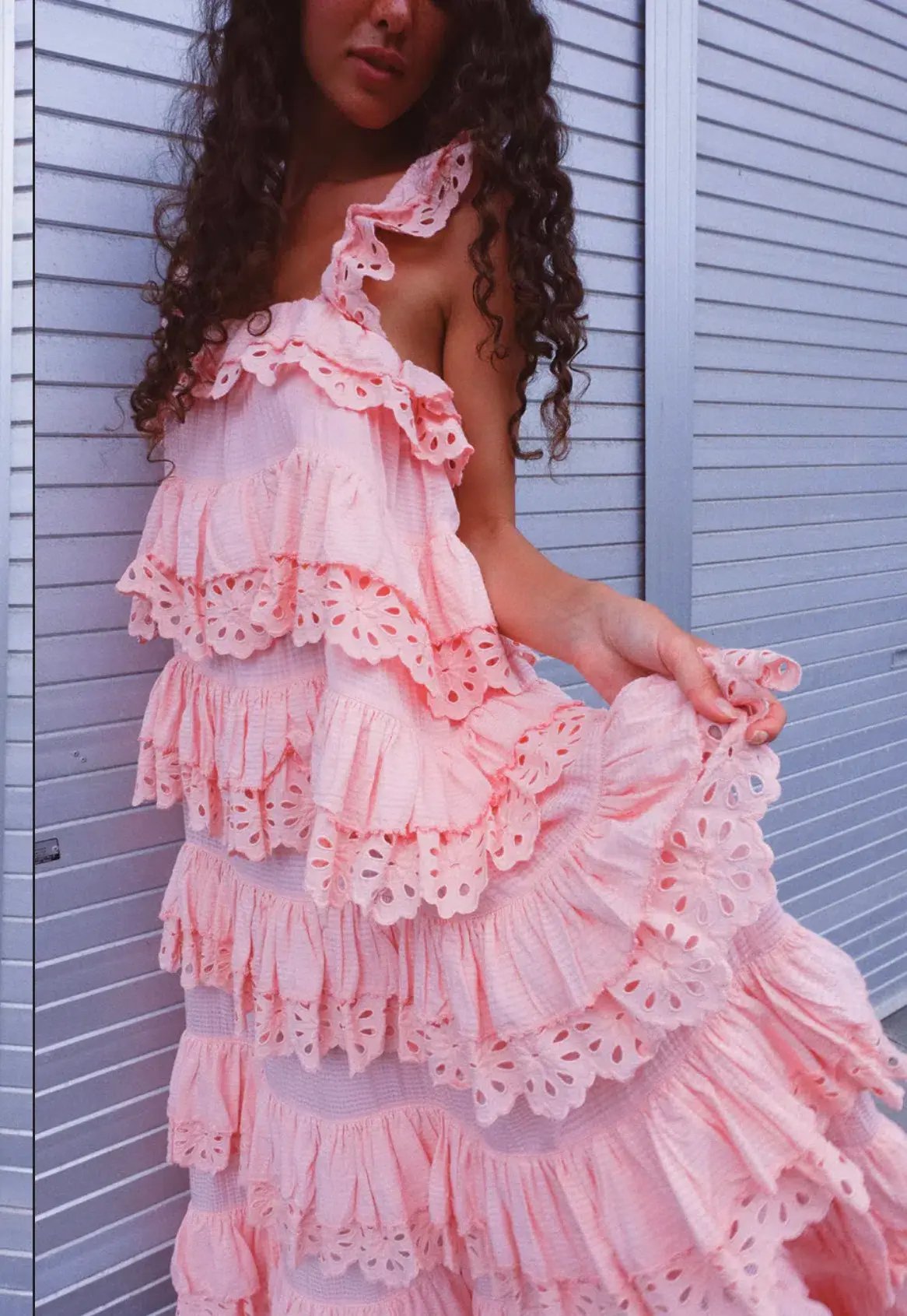 Innika Choo Schiffli Scallop Frill Maxi Dress Pink One Size photo 4