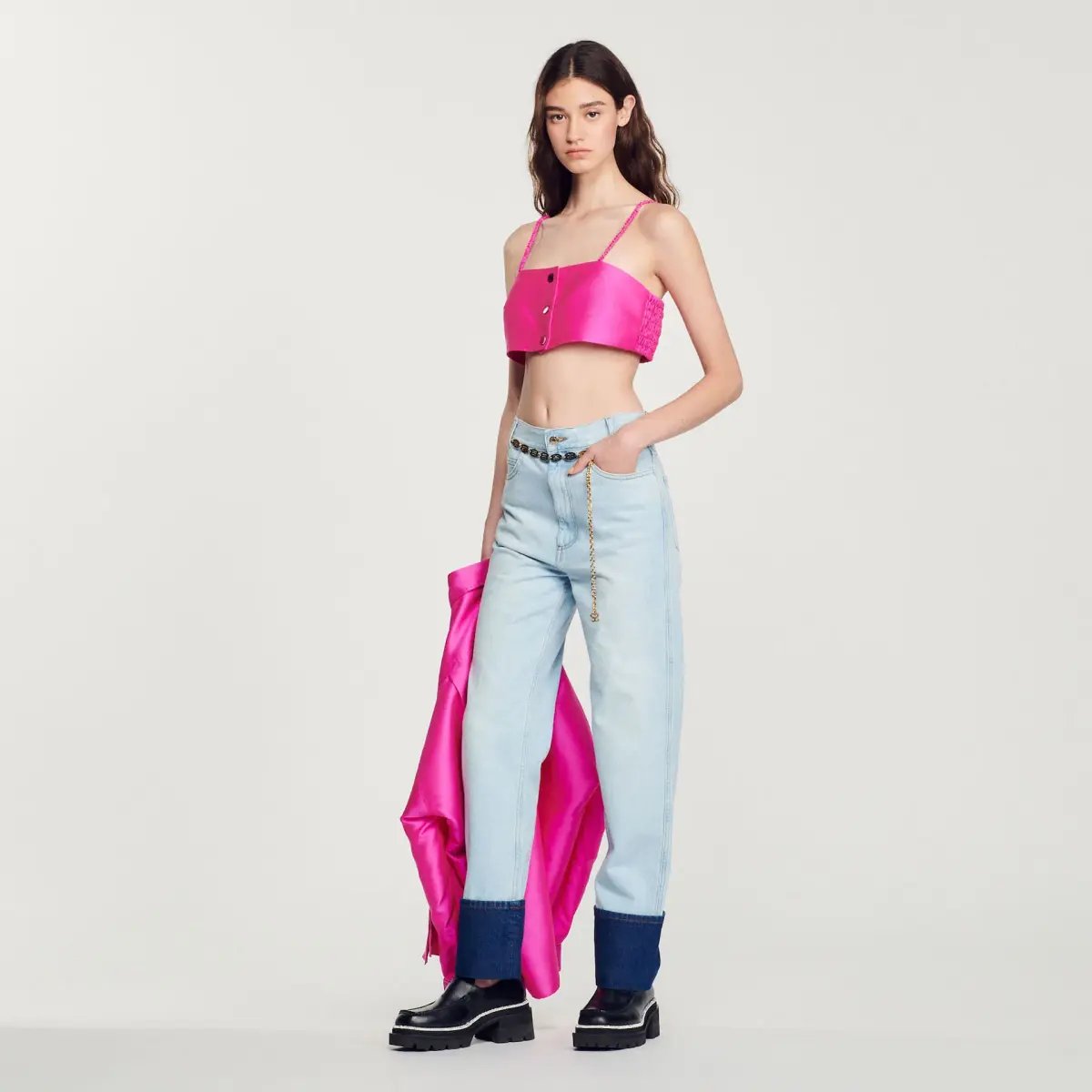 Sandro Fluro Satin Crop Pink, Effie Shirt Pink and Java Embellished Twill Shorts Black Size 8 photo 4