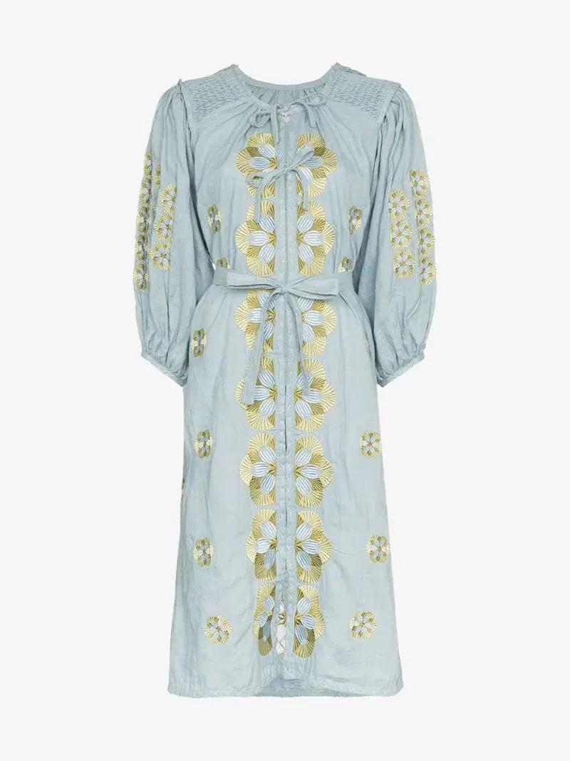 Innika Choo Sir Kulksware Blue Midi Smock Print Dress One Size photo 4