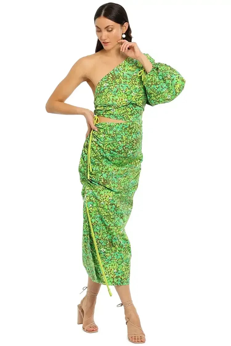 Alemais Phyllis Asymmetric Midi Dress in Green Floral Size 8 photo 2