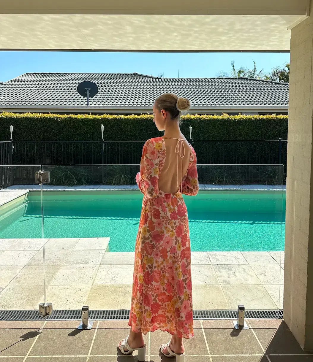 Ownley Zaliah Bias Backless Midi Dress Pink Floral Size 8 photo 4