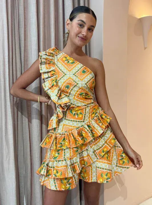 By Nicola Adrift Frill Mini Dress in Orange Mosaic Print Size 8 photo 2