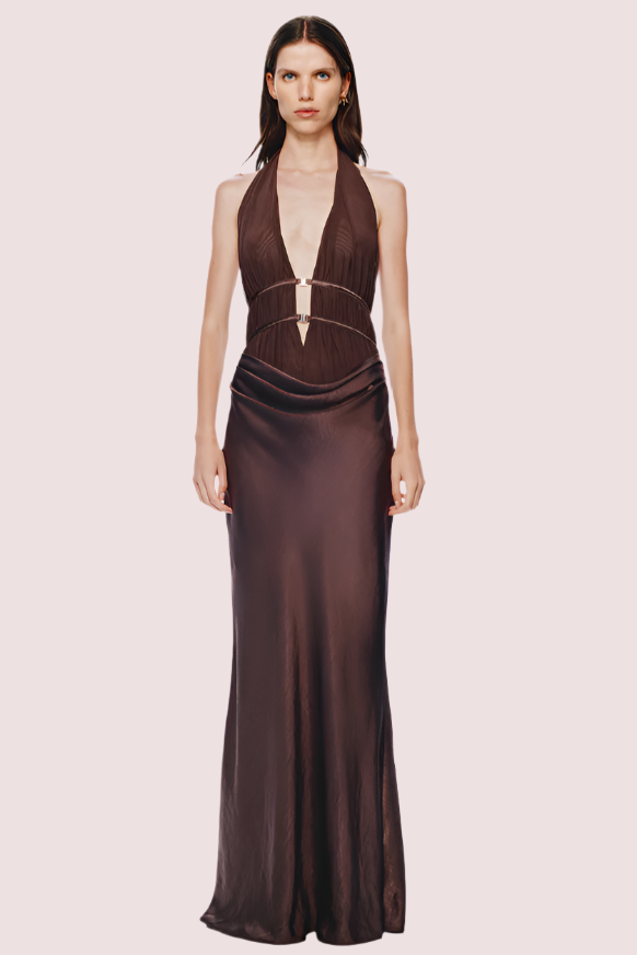 Misha Collection Celine Satin Maxi Dress Umber Brown photo 2