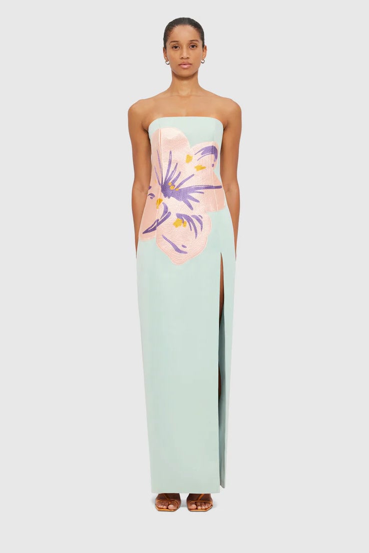 Leo Lin Clémence Embroidered Split Maxi Dress - Hibiscus in Pistachio photo 3