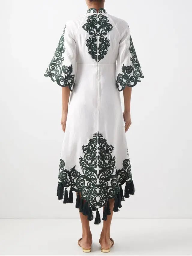 Zimmermann Anneke Tassel-Trimmed Embroidered Linen Dress Ivory/Green Size 0 / Au 8 photo 2