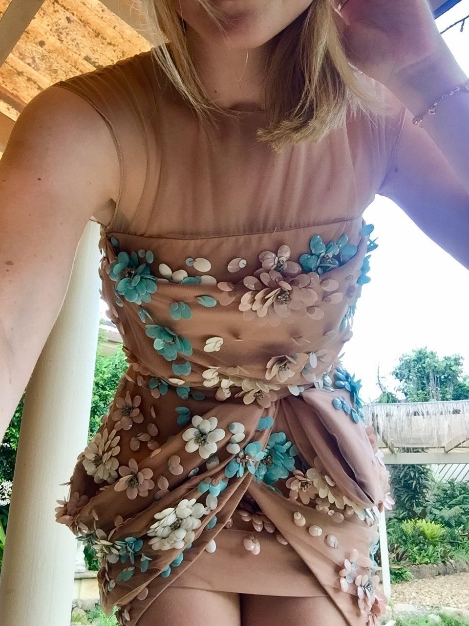 Blumarine 3D Floral Cocktail Dress Nude Size 6 photo 3