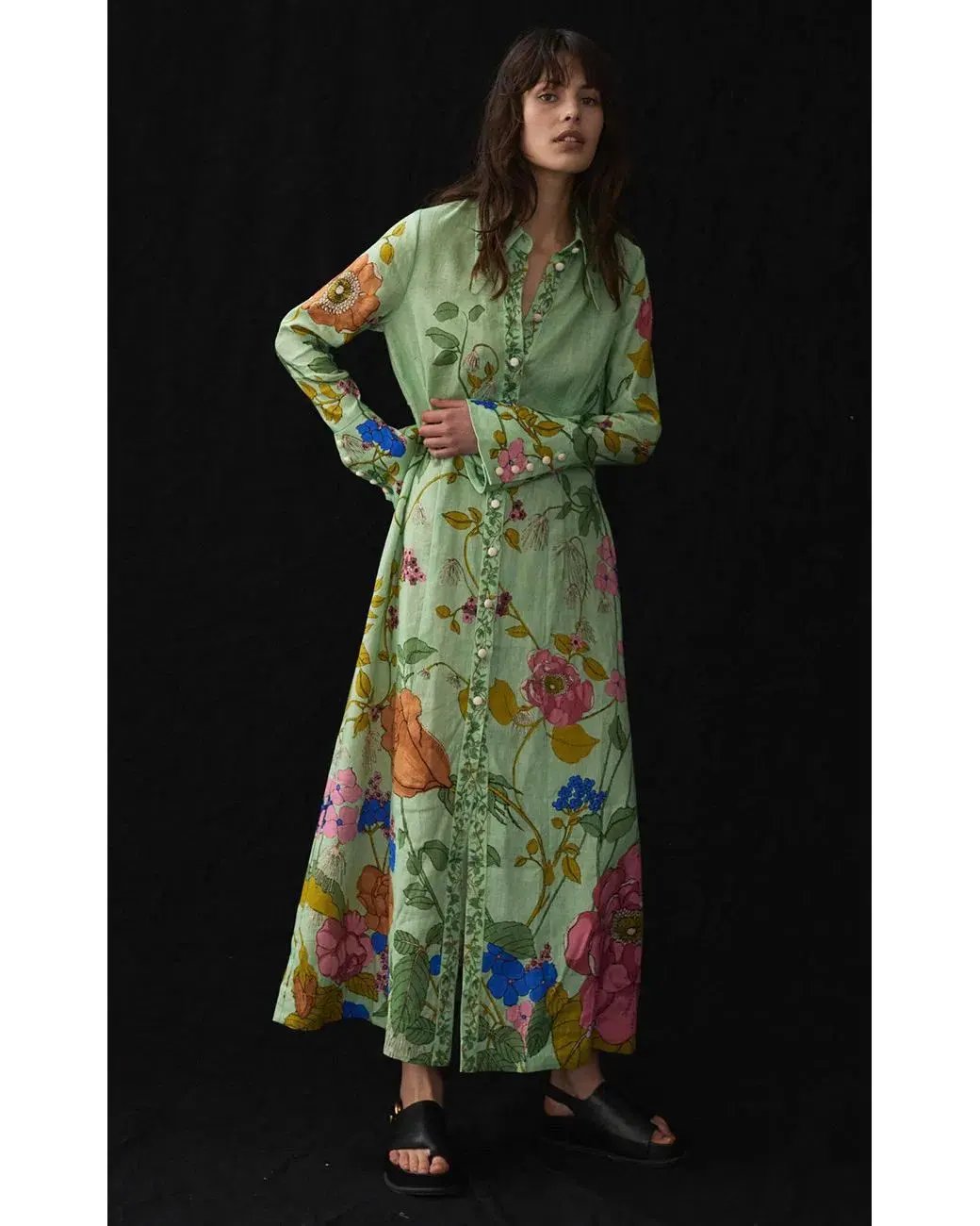 Alemais Olivia Floral Linen Maxi Shirt Dress Green Size 16 photo 2